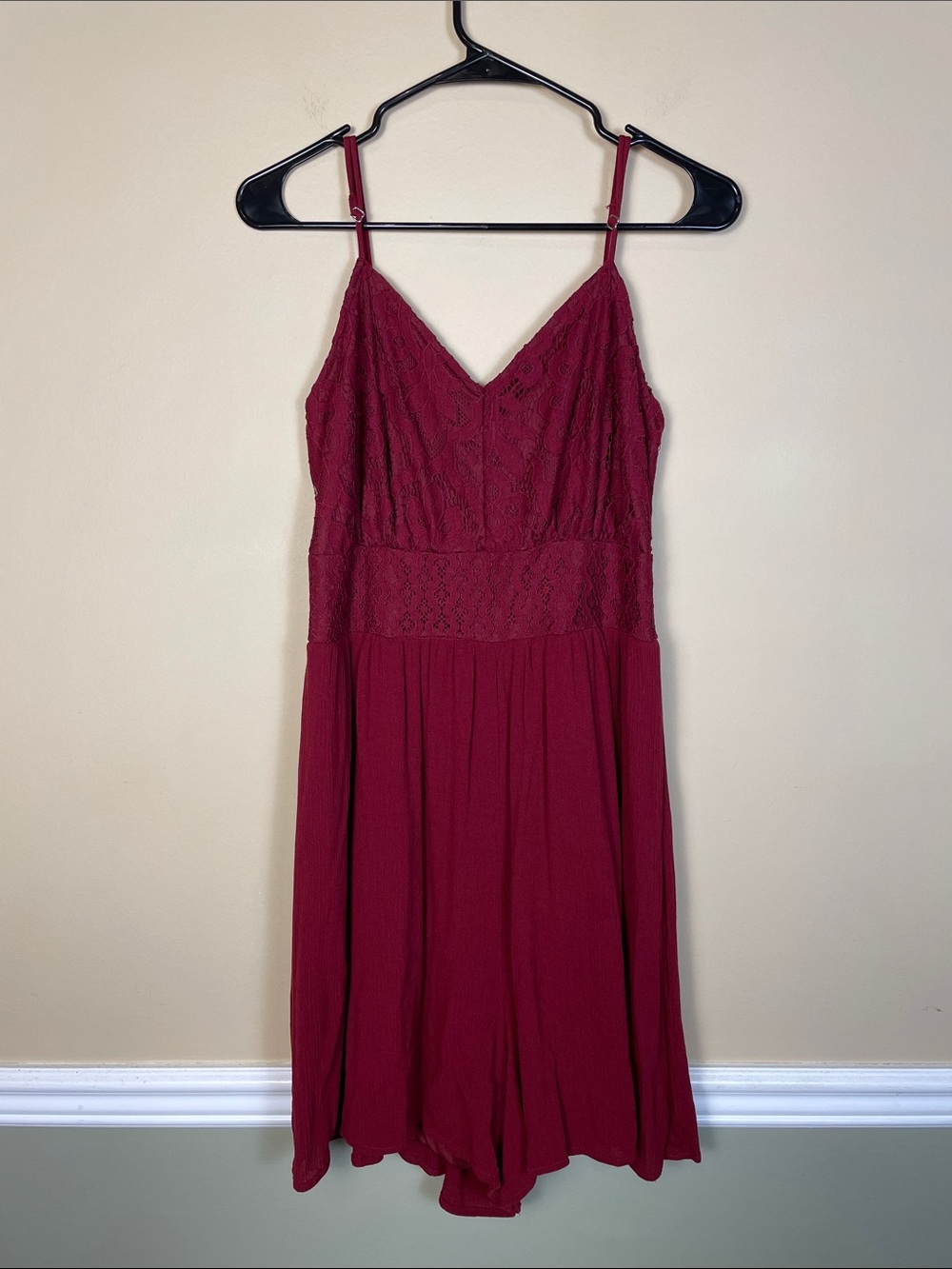 Maurices Women’s Boho Floral Lace Maroon Red Smocked Back Tank Romper